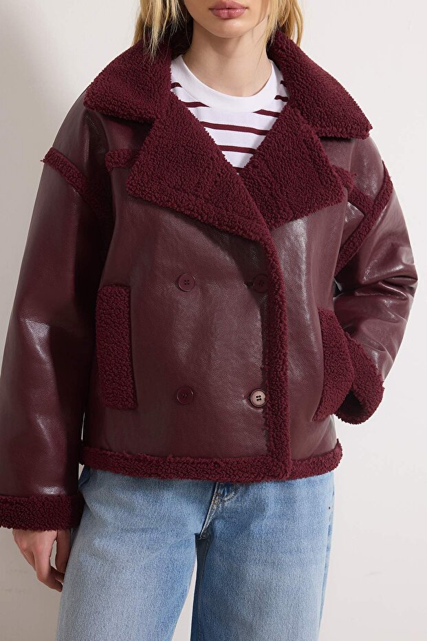 Bordo Peluş Detaylı Suni Deri Biker Ceket Mont TWOAW25MO00066 - 3