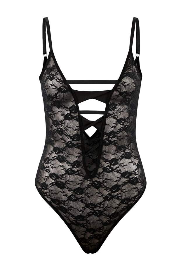 Siyah Dantel Fitted Cut Out Kapsız Body THMSS26BD00004 - 2