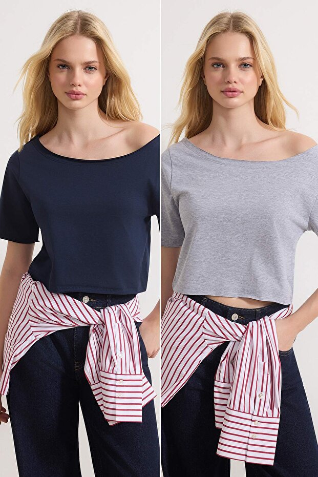 Trendyolmilla  Lacivert-Gri Melanj 2'li Paket %100 Pamuk Asimetrik Kayık Yaka Crop Örme T-Shirt TWOSS25TS00194 - Görsel 2