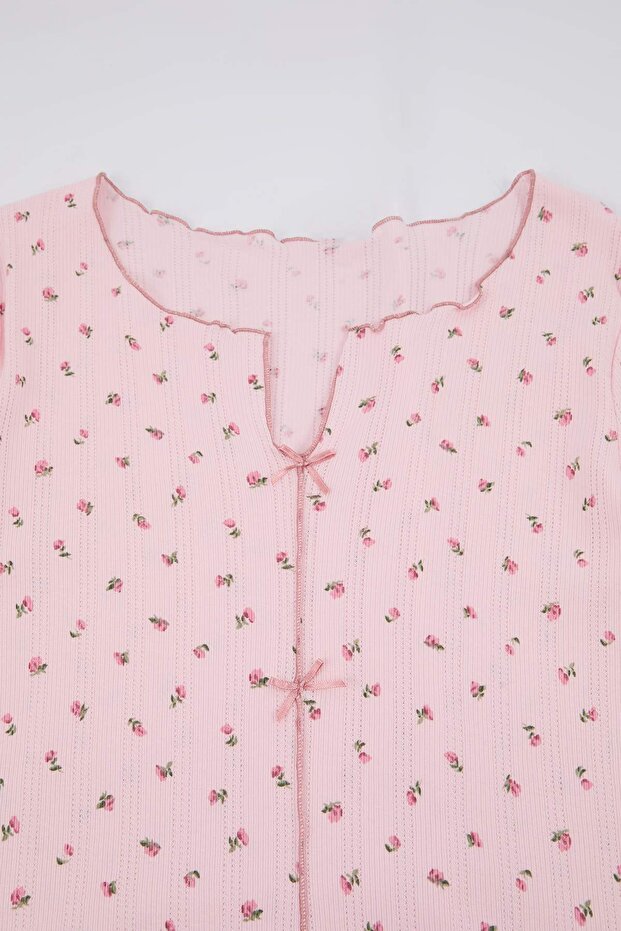 Pembe Çiçek Desenli Kurdeleli Kaşkorse Büyük Beden Pijama Takımı TBBSS26AI00020 - 6