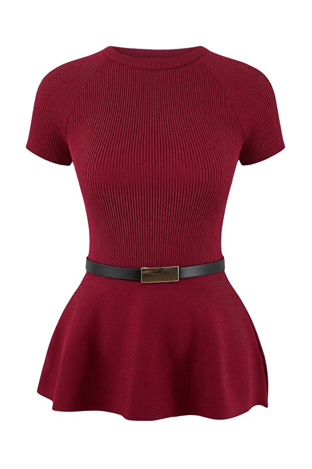 Bordo Premium İplik Bisiklet Yaka Kemer Detaylı Fitted Triko İnce Bluz TWOSS26BZ00281 - 5