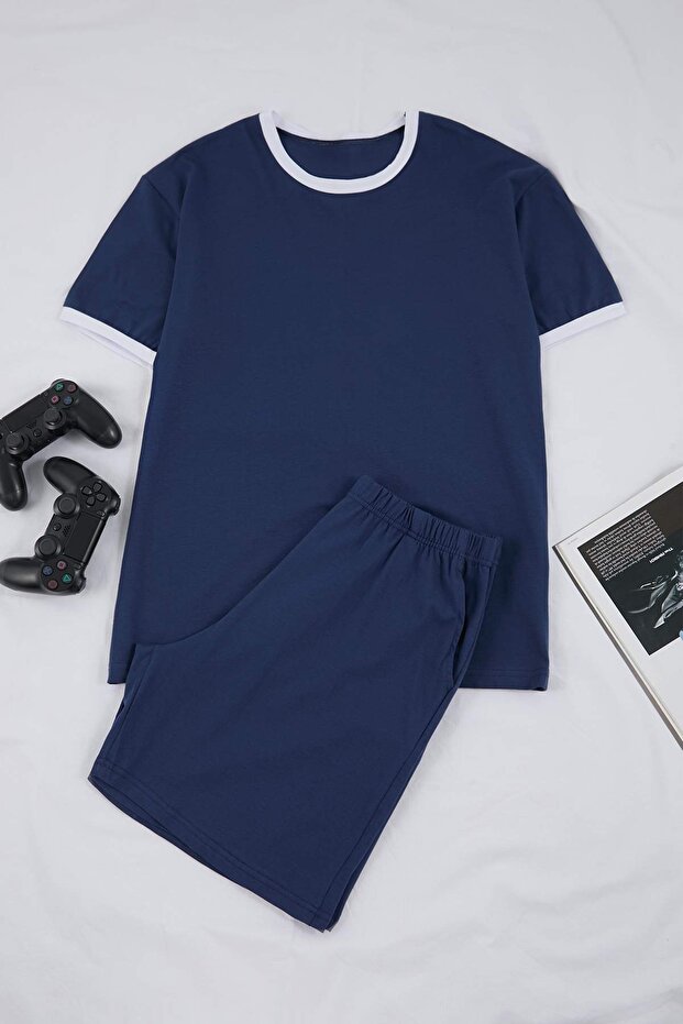Indigo Regular Fit Yaka Ve Kol Kontrast Detaylı Pamuklu Pijama Takımı TMNSS26PT00016 - 4