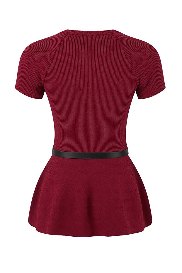 Bordo Premium İplik Bisiklet Yaka Kemer Detaylı Fitted Triko İnce Bluz TWOSS26BZ00281 - 6