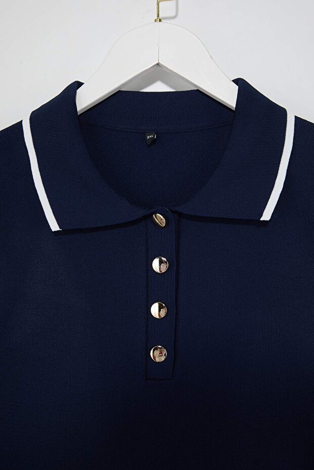 Lacivert Polo Yaka Çizgi Detaylı İnce Yazlık Triko Bluz TBBSS26AF00034 - 6