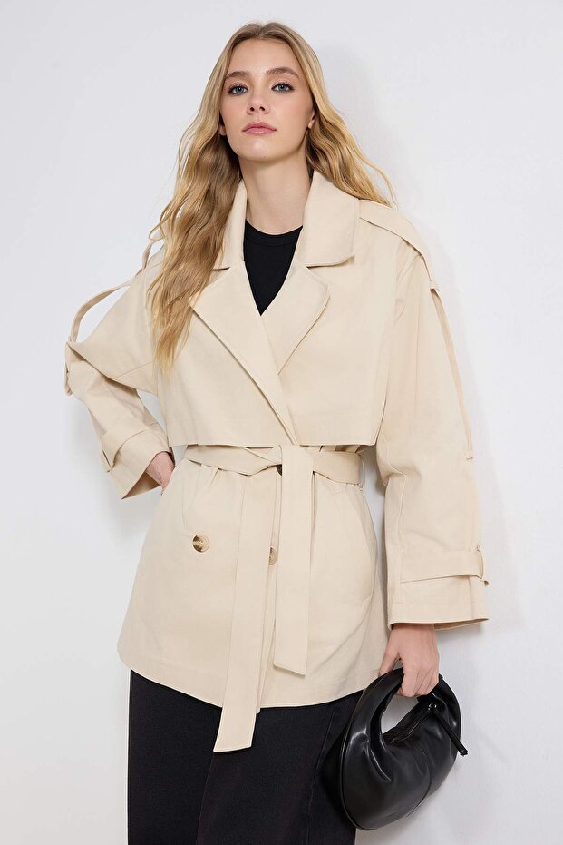 Taş Oversize Kemerli Kruvaze Kapama Midi Trençkot TWOSS26TR00008 - 2