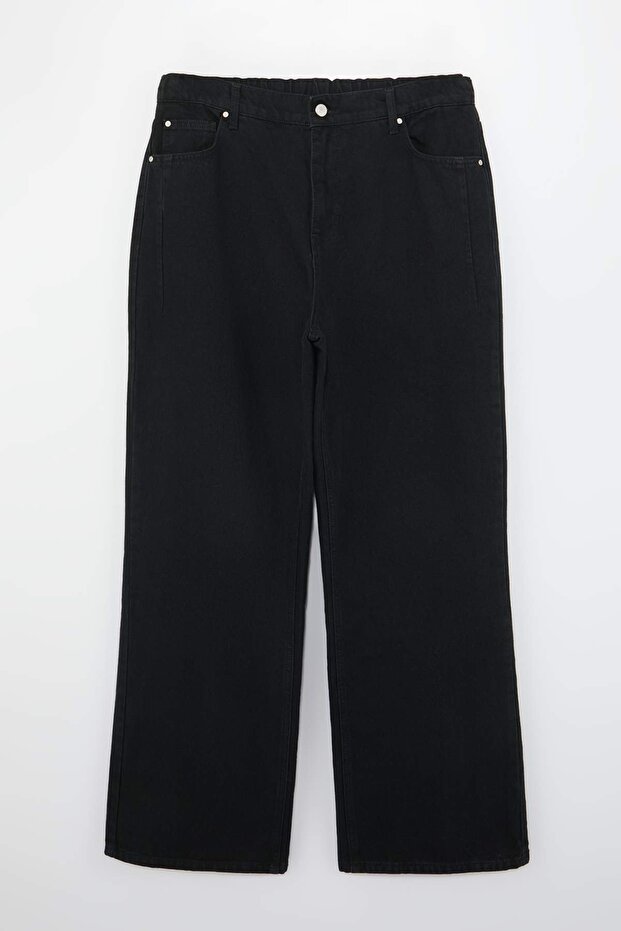 Siyah Pens Detaylı Beli Lastikli %100 Pamuk Non-Stretch Wide Leg/Geniş Paça Jeans TBBSS26CJ00028 - 5