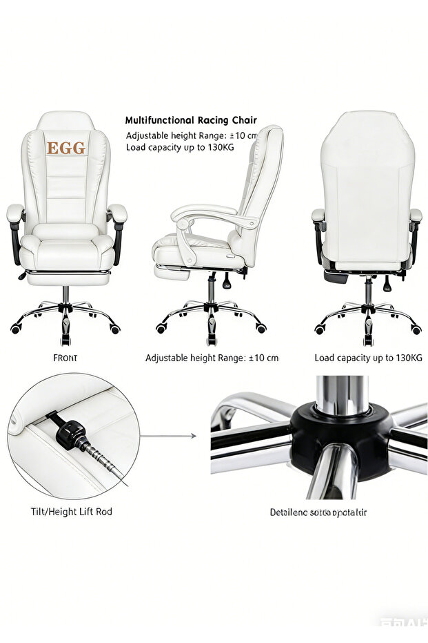 كرسي مكتب مريح بمقاعد معدنية - كرسي كمبيوتر دوار 360 درجة - كرسي مكتب من الجلد الصناعي الأبيض - 7