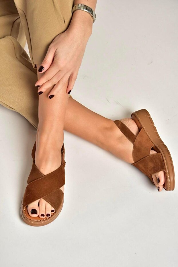 Y555531102 Tan Genuine Leather Suede Women's Sandals