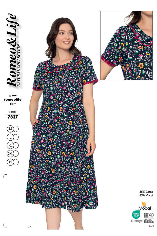 Women's Cotton Modal Fabric Button Detail Patterned Stylish Dress 7837