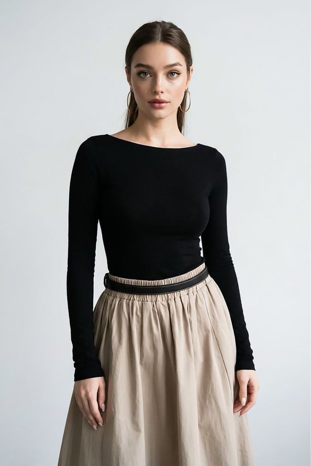 Black Boat Neck Transparent Women's Blouse Sh355