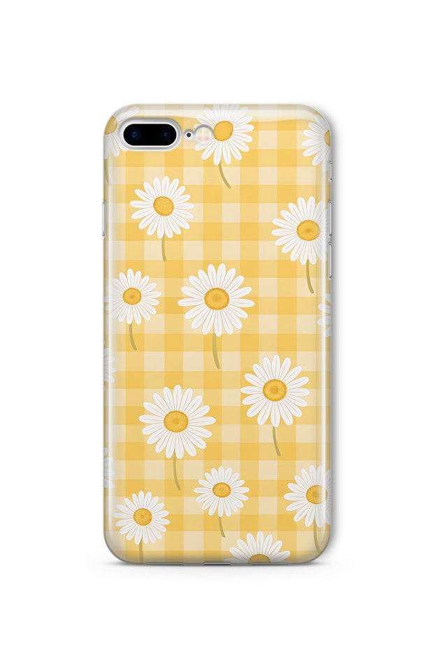iPhone 7 Plus / 8 Plus Compatible Yellow Checkered Daisy Pattern Transparent Phone Case