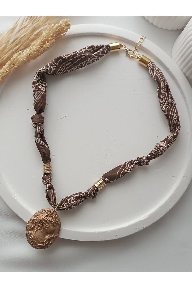 Scarf Necklace Bandana Polymer Clay Necklace Handmade Trending Women Figure Light Brown Fabric Necklace