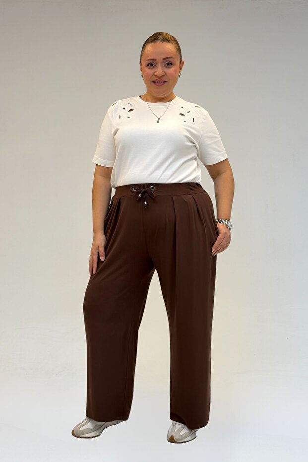 59002 Large Size Pleated Detail Combed Cotton Trousers - Brown