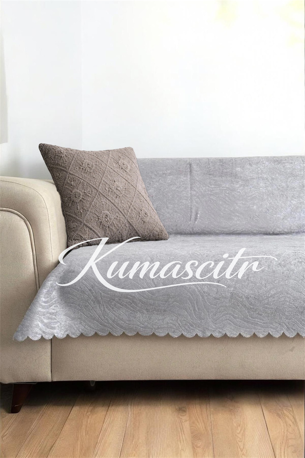 Sofa Bed Cover – Non-Slip Base with Sponge Velvet Fabric Gray Embossed Print