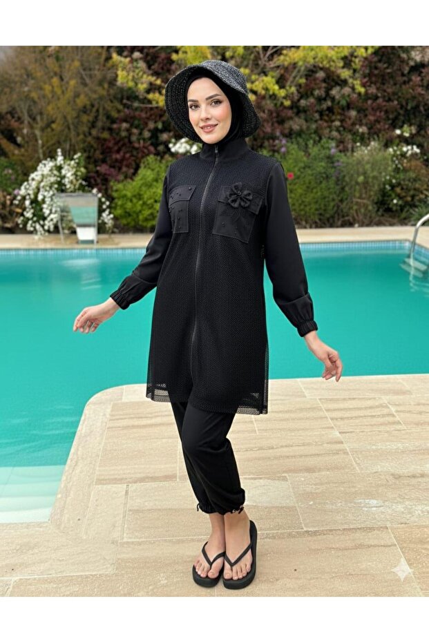 Mesh and Stone Embellished Swimsuit with Accessories - 1