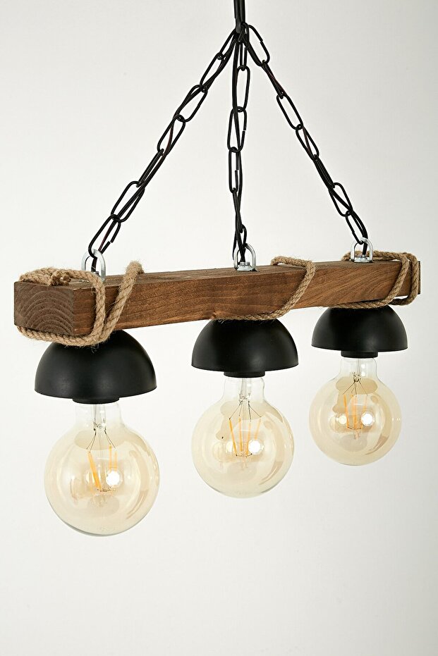 Tasarım 3'lü Rustik Nigrum Halatlı Ahşap Avize - 2