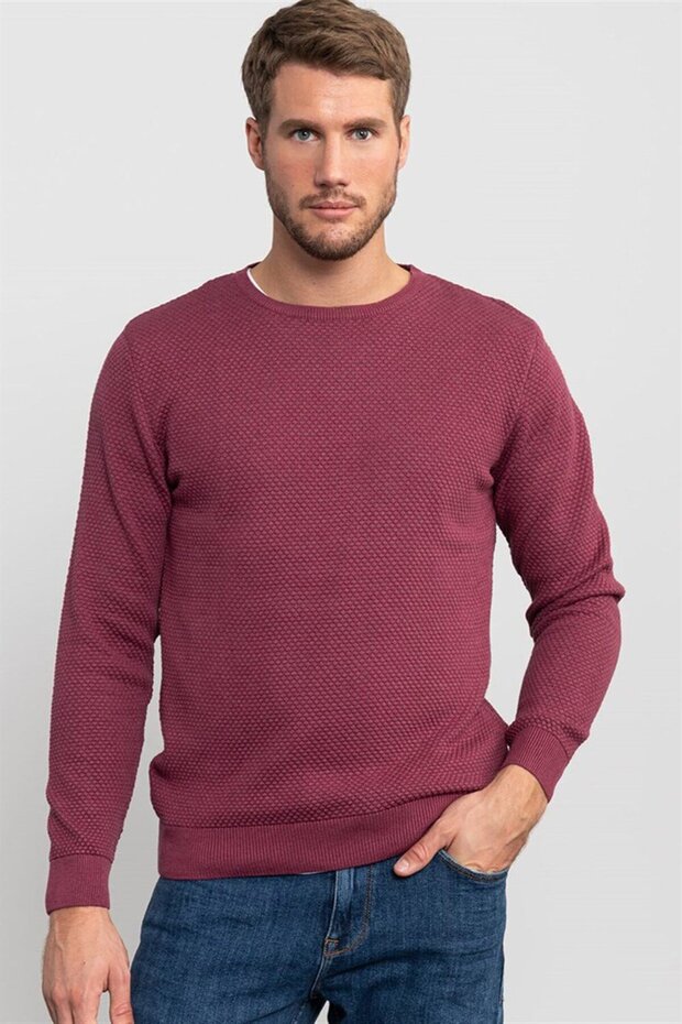 Men's Standard Fit Regular Cut Crew Neck Honeycomb Patterned Claret Red Knitwear Sweater