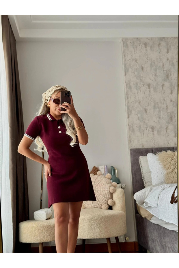 Half Buttoned Short Sleeve Mini Polo Collar Knitwear College Dress Bordo