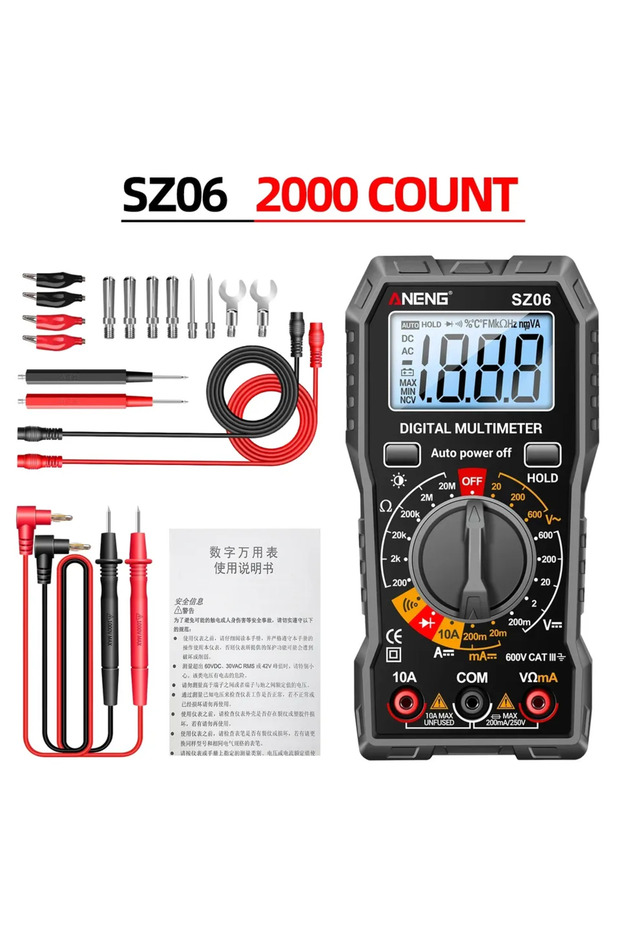 SZ06 Black Pro SZ06 Digital Multimeter 2000 Count 600V AC/DC Voltage 10A DC Current Test