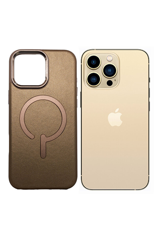 iPhone 15 Pro Leather Case, MagSafe, Slim Fit, Durable, Metal Buttons, Desert Titanium