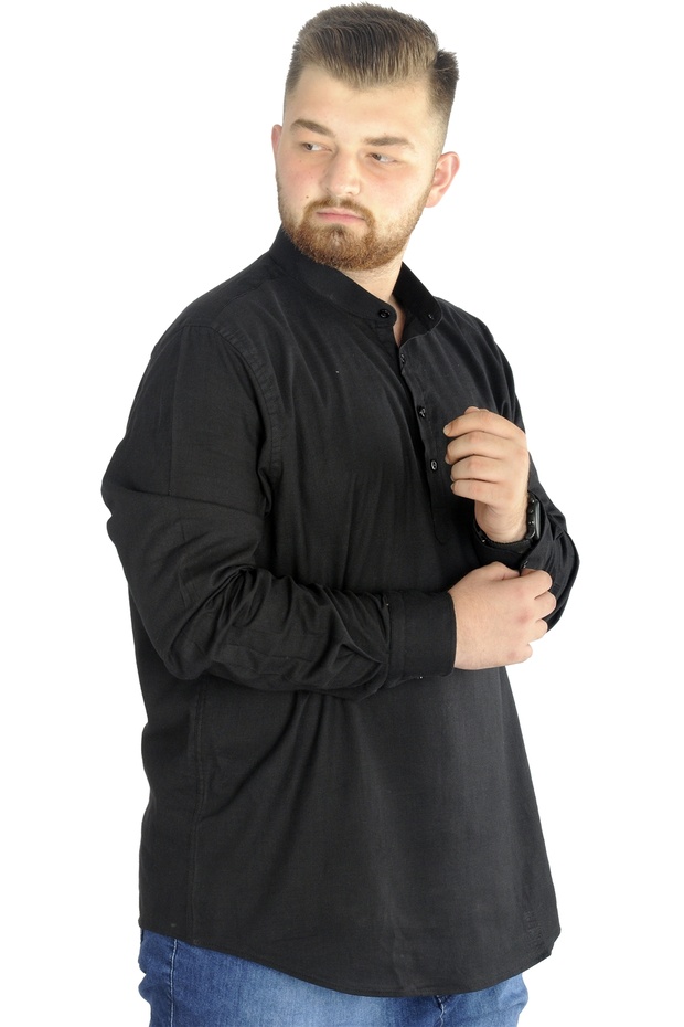 Mode XL Large Size Men's Linen Lycra Ukol Judge Collar Shirt 20388 Black