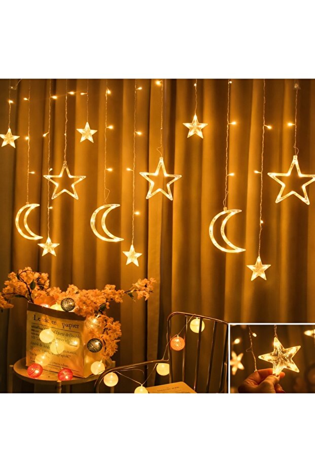 Led Curtain Light with Moon and Star Figures – Decorative Pendant Fairy Light Room Lighting