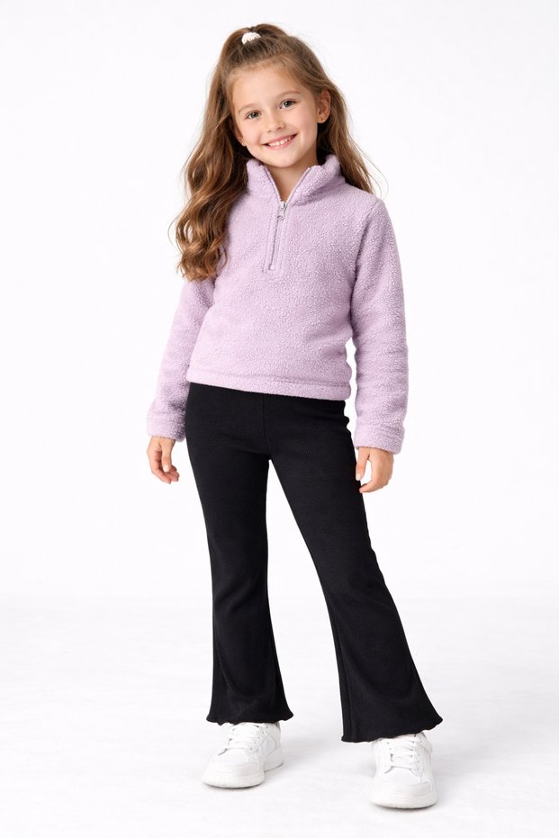 Girl's Black Ribbed Ruffled Spanish Leggings Pants | Wave Tip Detailed | Winter