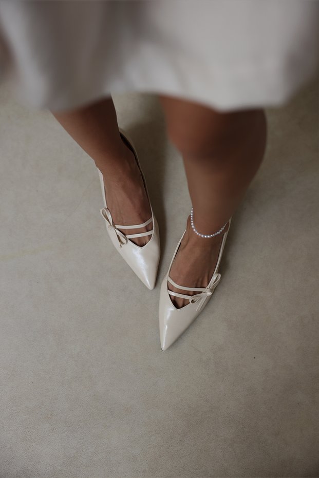 Heels 2604 - Pointed Toe Ribbon Detailed Bone Heels for Women
