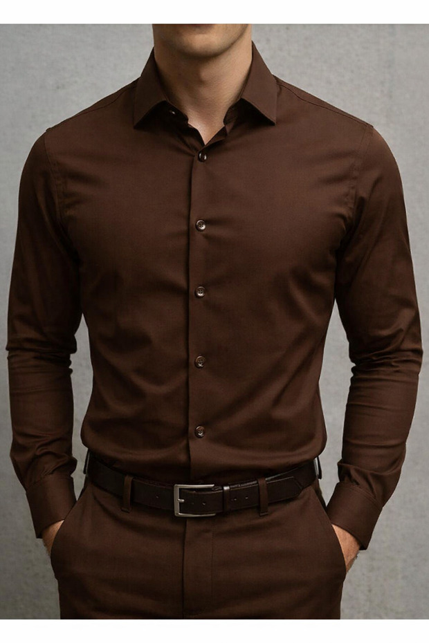 Slim Fit Long Sleeve Easy Ironing Sweat-Absorbing Breathable Texture Tie-Down Collar Brown Men's Shirt