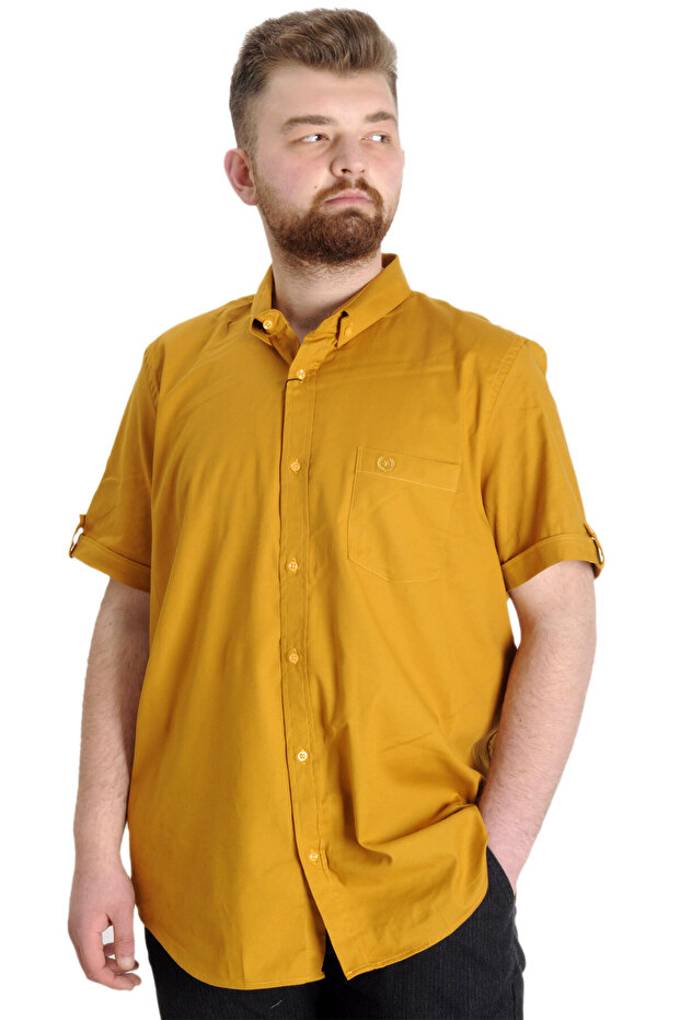Mode XL Large Size Men's Shirt Gabardine Short Sleeve Single Pocket 23302 Mustard