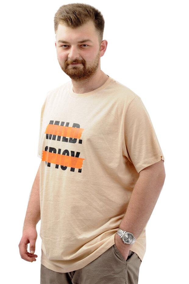 Mode XL Large Size Men's T-Shirt Printed Cotton Crew Neck Mild U24080 Beige