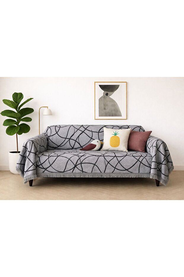 Cotton King Size Sofa Cover 175X295 cm Modern Striped Gray-Black for Sofa, Sofa Bed and Armchair