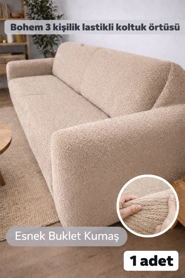 Boucle Bohemian Elasticated 3-Seater Sofa Cover, Non-Slip Flexible Seat Cover, Couch Cover, Sofa Bed Cover