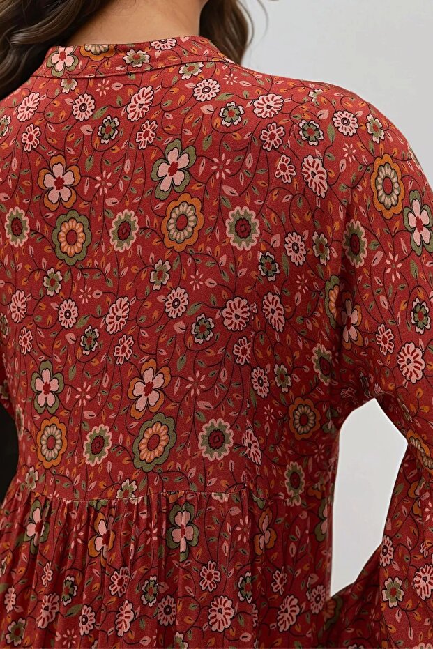Düğmeli Baskılı V Yaka Modest Elbise - 6