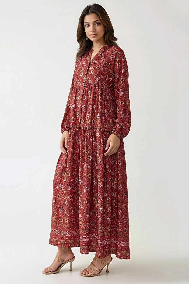 Düğmeli Baskılı V Yaka Modest Elbise - 4