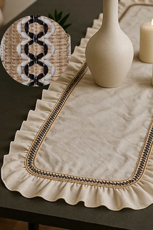 100% Cotton Ruffled Runner American Service Vintage Luxury Overlock Stitched Natural Fabric 40X110Cm