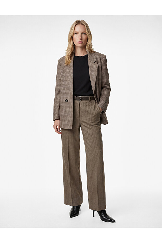 Flannel Fabric Pocket Belted Straight Loose Leg Fabric Winter Pants