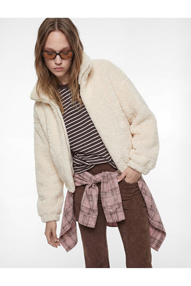 Long Sleeve Mock Neck Zippered Plush Jacket