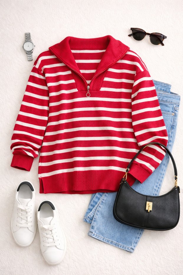 Women's Zippered Collar Slit Striped Fuchsia Knitwear Sweater