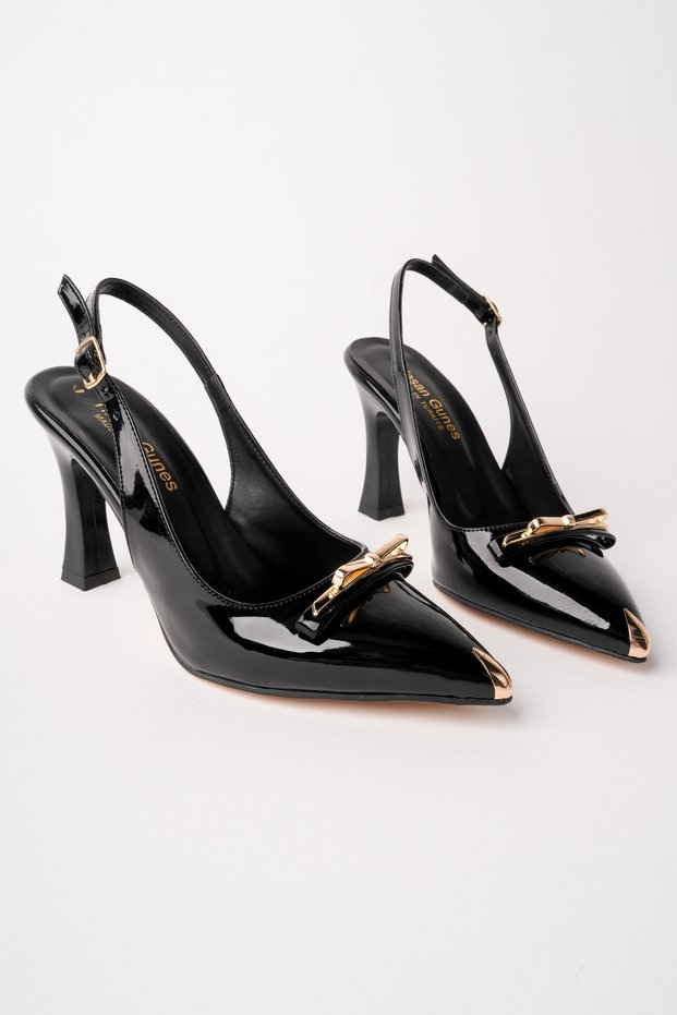 Women's Black Patent Leather Gold Buckle Detailed New Season Heeled Shoes