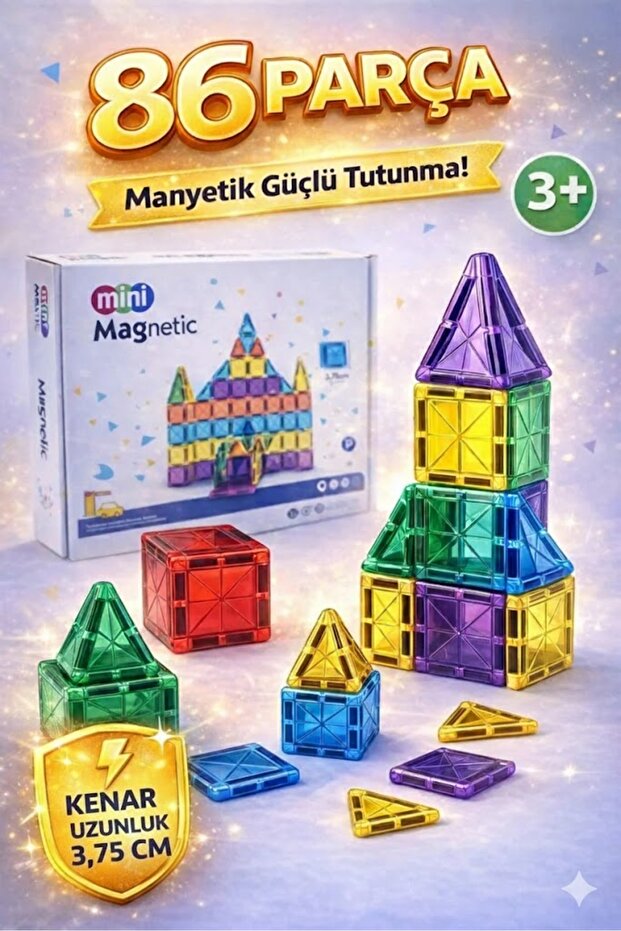 LRS STORE Manyetik Yapı Blokları – Çocuklar İçin Renkli 3 Boyutlu 86 Parça Manyetik Karo Oyun Seti