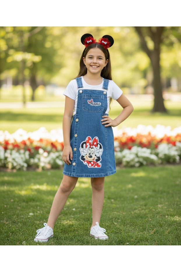 Girls' Crowned Cotton Denim Jacket with Cartoon Characters and Jelly Buttons