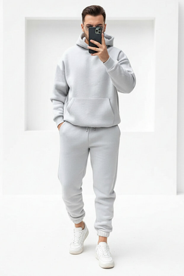 Men's Soft Textured Oversize Hooded Tracksuit Set with Elastic Legs - Casual
