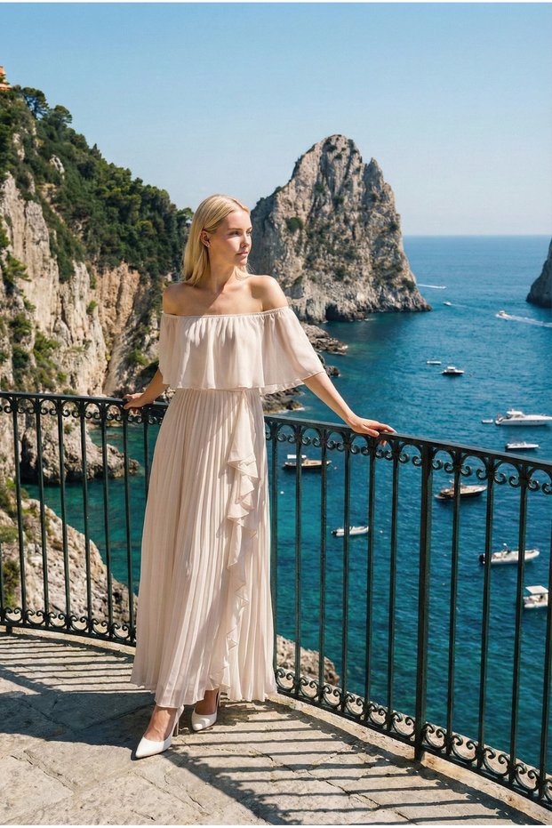 Daila Off-The-Shoulder Flounce Long Evening Dress Chiffon Invitation and Wedding Party Dress