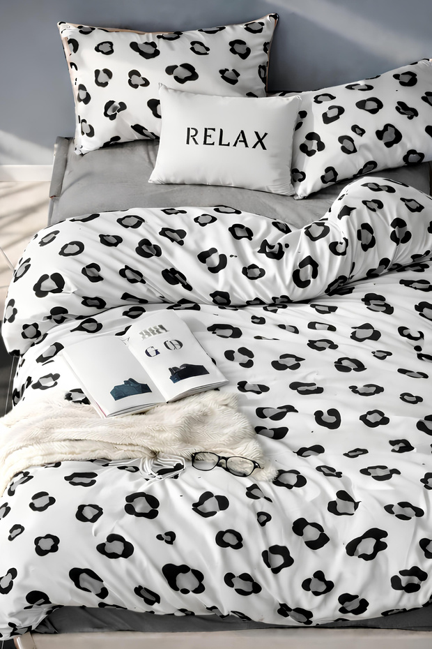 Single Duvet Cover Set with Elastic Sheet Leopard White