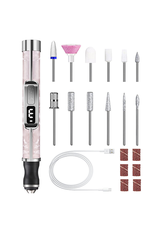 Pink-1 Set Wireless Electric Nail Grinder Nail Polishing Machine - 3 Modes, LED Display and 12 Drill