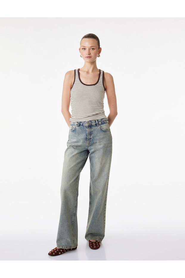 High Waist Pocketed Cotton Straight Leg Straight Fit Denim Pants - Straight Jeans