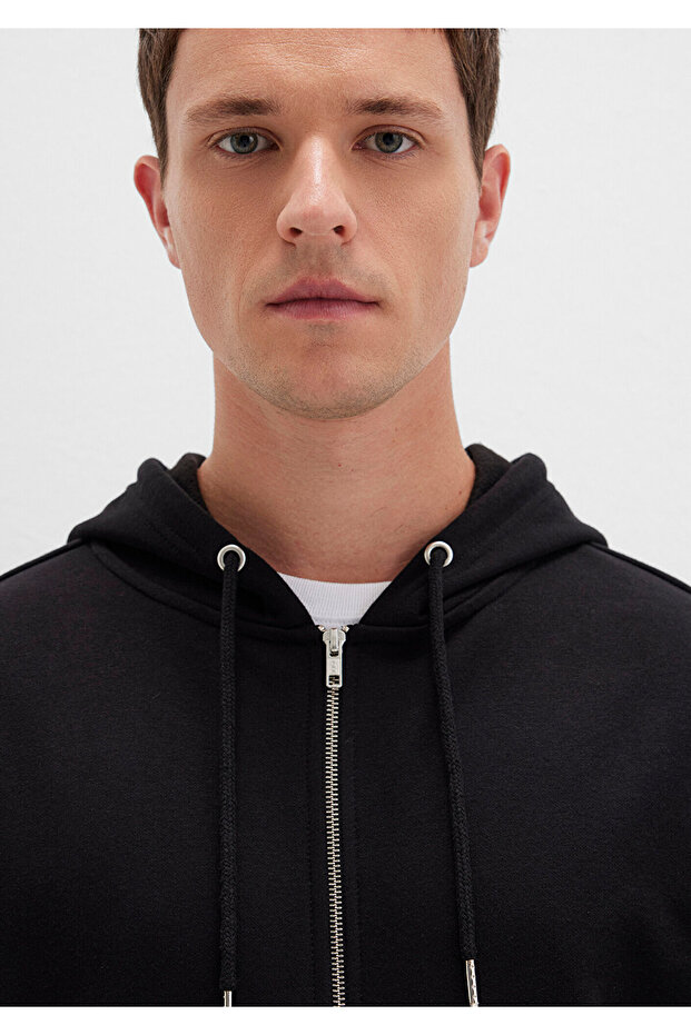 Kapüşonlu Fermuarlı Siyah Basic Sweatshirt 0S10277-900 - 5