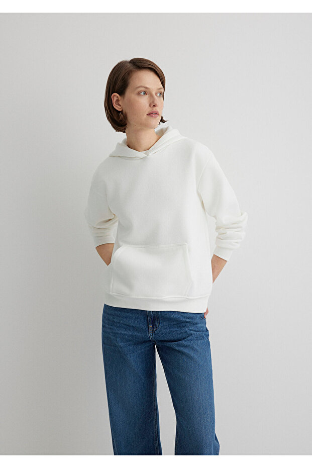 Kapüşonlu Beyaz Basic Sweatshirt 167299-70057 - 1