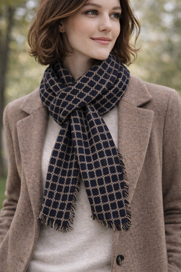 Plaid Linen-Look Cotton Square Shawl/Linen-Effect Cotton Scarf/Natural Textured Scarf
